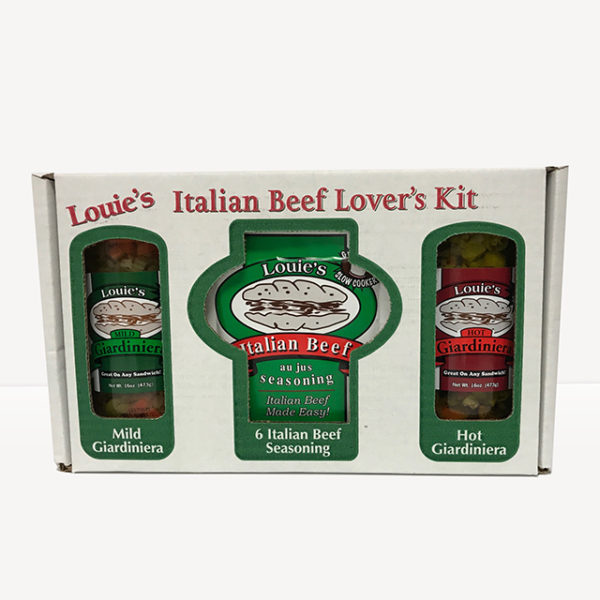 Louie's Italian Beef Lover's Gift Box - 6-3oz pkgs Louie's Italian Beef Seasoning, one jar Hot Giardiniera & one jar Mild Giardiniera
